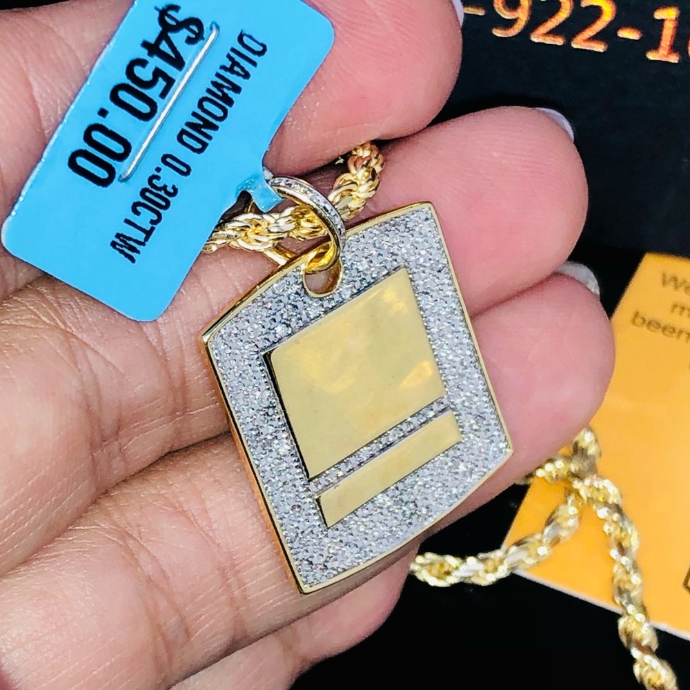 Real Diamond Dog Tag Pendant, !4k Yellow Gold Vermeil, FREE APPRAISAL, Military - Picture 3 of 5